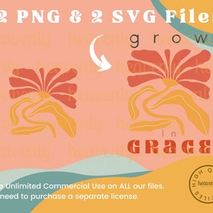 以下が含まれることがあります： ダウンロード可能な2つのデジタルファイル、PNGとSVG。オレンジと赤の花びらと黄色の葉を持つスタイリッシュな花が描かれています。テキスト「grow in grace」は太字の赤で書かれています。