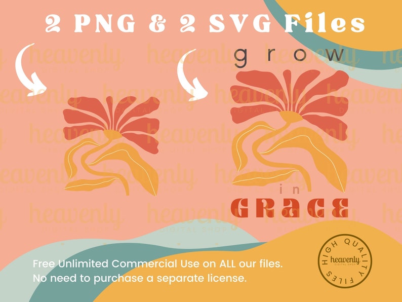 以下が含まれることがあります： ダウンロード可能な2つのデジタルファイル、PNGとSVG。オレンジと赤の花びらと黄色の葉を持つスタイリッシュな花が描かれています。テキスト「grow in grace」は太字の赤で書かれています。
