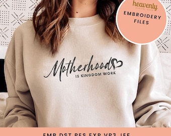 Archivo digitalizado de bordado de mamá cristiana "La maternidad es mi ministerio" Sudadera bordada de Jesús Versículo bíblico religioso Dst Emb Pes Vp3