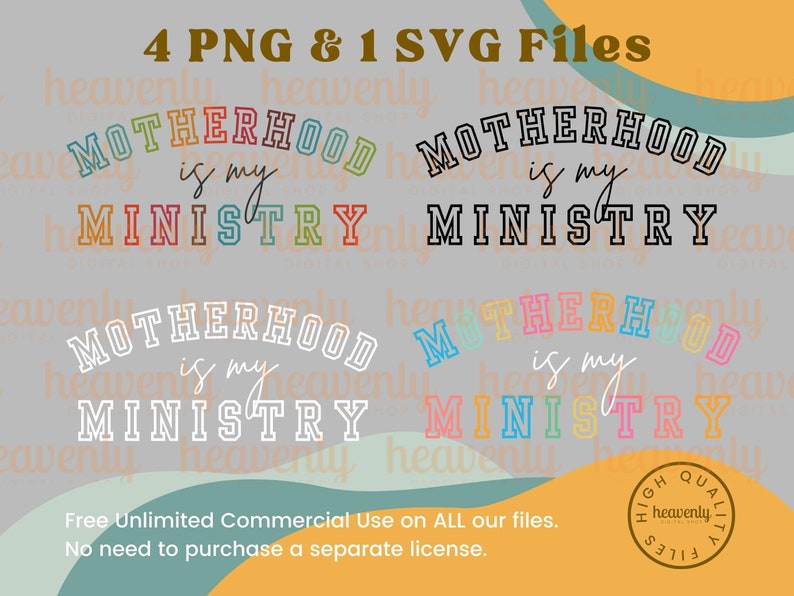 Pu&ograve; includere: Quattro file digitali da scaricare: un set di quattro immagini PNG e un'immagine SVG. Le immagini presentano il testo "La maternit&agrave; &egrave; il mio ministero" in uno schema di colori arcobaleno con un contorno bianco. Il testo &egrave; in un carattere grassetto e a blocchi. Le immagini sono su uno sfondo grigio chiaro.