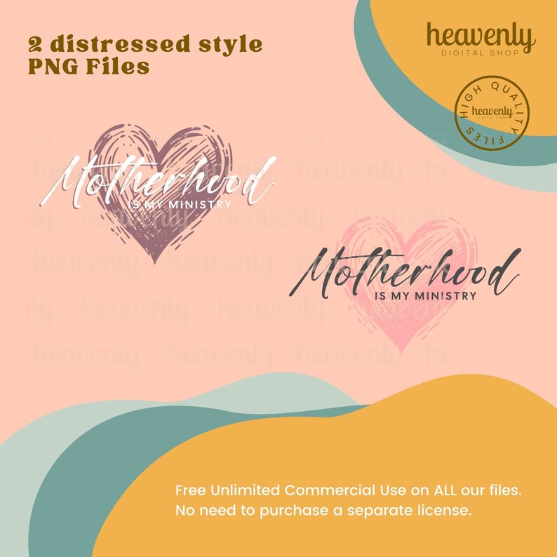 Op de afbeelding: Twee digitale ontwerpen in distressed stijl van een hart met de tekst "Motherhood is my ministry". De ontwerpen zijn in roze en paars op een perzikkleurige achtergrond.