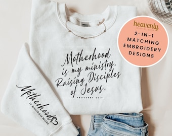 Archivo digitalizado de bordado de mamá cristiana "La maternidad es mi ministerio" Sudadera bordada de Jesús Versículo bíblico religioso Dst Emb Pes Vp3