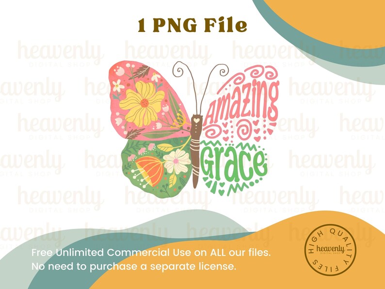 Puede incluir: Una descarga digital de un gr&aacute;fico de mariposa floral con el texto "Amazing Grace" en un esquema de colores rosa, verde y blanco. El gr&aacute;fico es perfecto para usar en manualidades, scrapbooking y otros proyectos creativos.