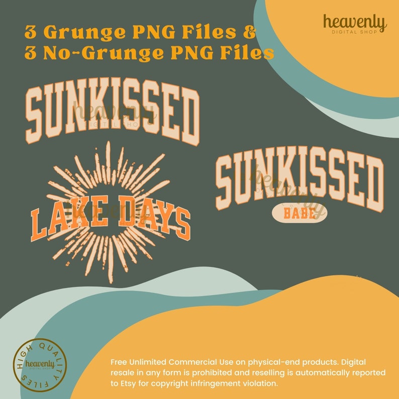 May include: A digital download of six graphic design elements featuring the text "Sunkissed" and "Lake Days" in a vintage style with a sunburst design. The text is in orange and white on a green background. The text "Sunkissed Babe" is also included in a separate design.