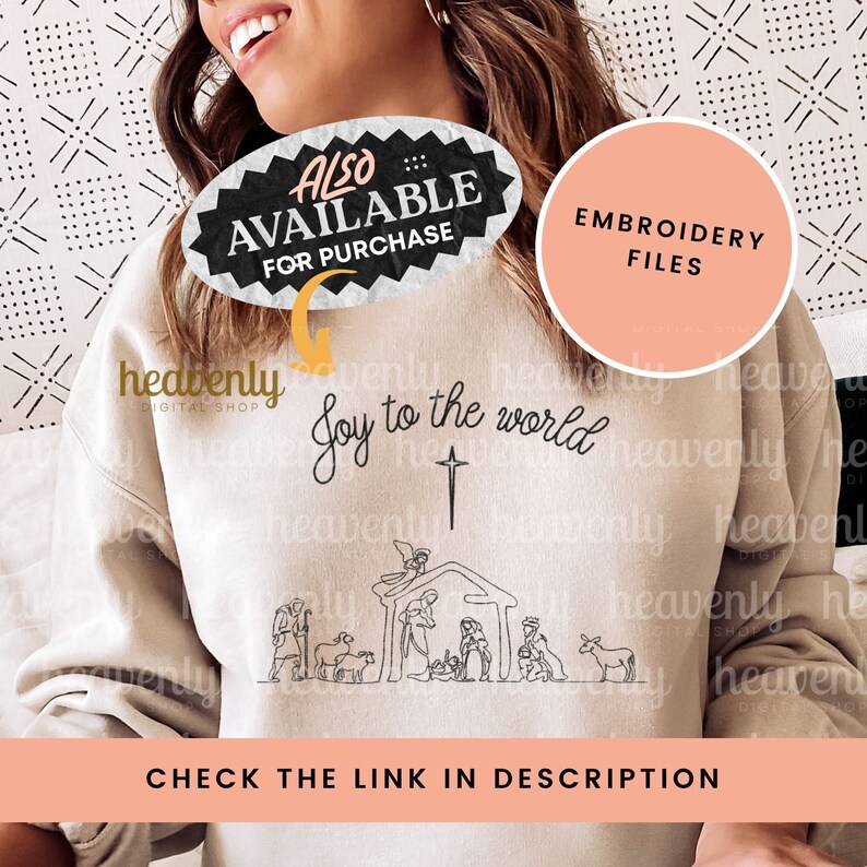 Puede incluir: Una sudadera beige con un dibujo de l&iacute;nea negra de la escena de la natividad y el texto "Joy to the world". La sudadera tambi&eacute;n tiene el texto "heavenly digital shop" y un globo de di&aacute;logo que dice "Also available for purchase".