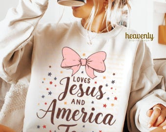 4th of July Png Loves Jesus And America Too PNG Sublimation Design, Fourth Of July Png, Coquette Bow America Png, 4th of July Shirt Download