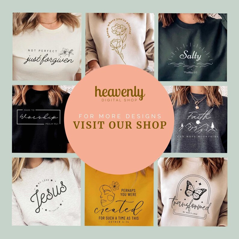 Puede incluir: Una colecci&oacute;n de 10 dise&ntilde;os diferentes con tem&aacute;tica cristiana para camisetas. Los dise&ntilde;os presentan varias citas e im&aacute;genes inspiradoras, incluyendo flores, mariposas, monta&ntilde;as y una cruz. El texto en las camisetas incluye frases como "No perfecto, solo perdonado", "Hecho para adorar", "Salado", "La fe puede mover monta&ntilde;as", "Mi Se&ntilde;or Jes&uacute;s", "Tal vez fuiste creado para un momento como este", y "Transformado por el amor de Dios".