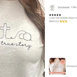 May include: A white t-shirt with a black line drawing of a nativity scene, a cross, and an empty tomb. The text "this is a true story" is written below the drawing.