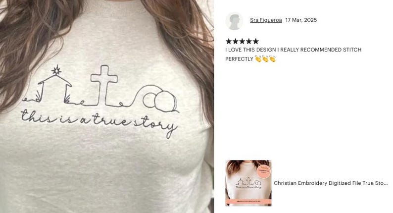 May include: A white t-shirt with a black line drawing of a nativity scene, a cross, and an empty tomb. The text "this is a true story" is written below the drawing.