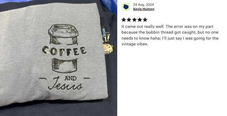 May include: A gray sweatshirt with a black embroidered design of a coffee cup and the text "COFFEE AND -Jesus-"