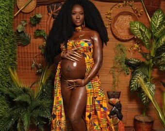 Yellow pink blue green multicolor Kente Matermity Flare Gown Ghana print Ankara photoshoot dress split pregnancy photoshoot dress