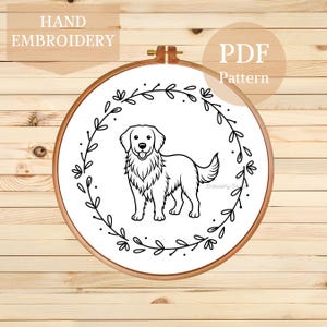Golden Retriever Hand Embroidery Pattern, Dog Hand Embroidery Design, Embroidery PDF Template, Cute Dog Embroidery Pattern