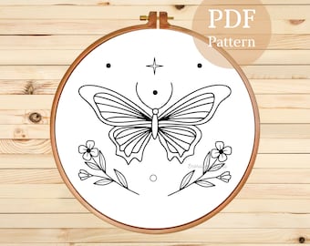 蝶と花の手刺繍パターン：初心者向けフープアート、素朴な装飾（PDF