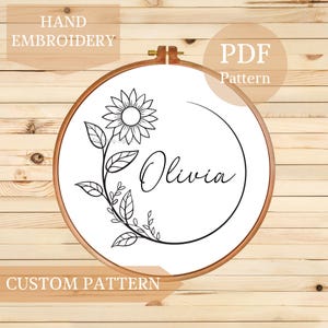 Custom Sunflower Name Embroidery Pattern – Personalized PDF Floral Design for Hand Embroidery, Hoop Art Gift, Personalized Embroidery Design