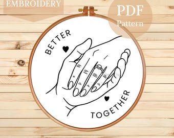 Holding Hands Embroidery Pattern: Romantic Couple Line Art (PDF)
