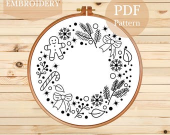 Christmas Wreath Hand Embroidery Pattern: Holiday Hoop Art (PDF Pattern)