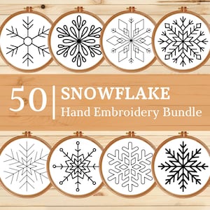 May include: A digital collection of 50 snowflake hand embroidery patterns displayed in wooden hoops. Each hoop features a unique black line art snowflake design on a white fabric background. The text 50 SNOWFLAKE Hand Embroidery Bundle is visible.