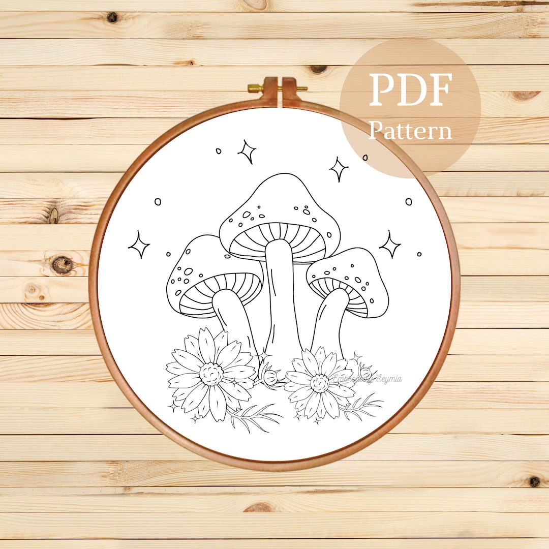 Mushroom Hand Embroidery Design, Instant Download PDF Pattern, Embroidery Template, Flower ...