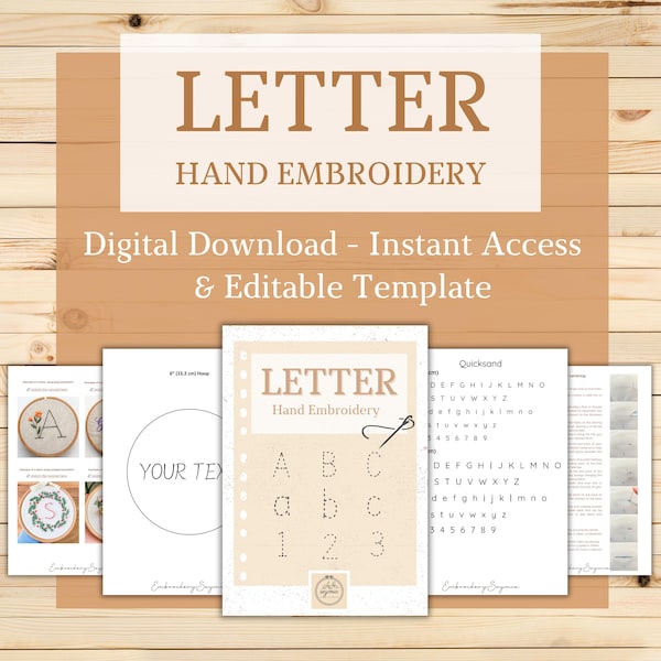 Hand Embroidery Letter Pattern: 4 Fonts, Canva Template (PDF)