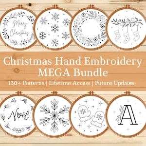 May include: A selection of Christmas hand embroidery patterns in wooden hoops. Designs feature snowflakes, festive greetings, and holiday themes. The text "Christmas Hand Embroidery MEGA Bundle" is also visible.
