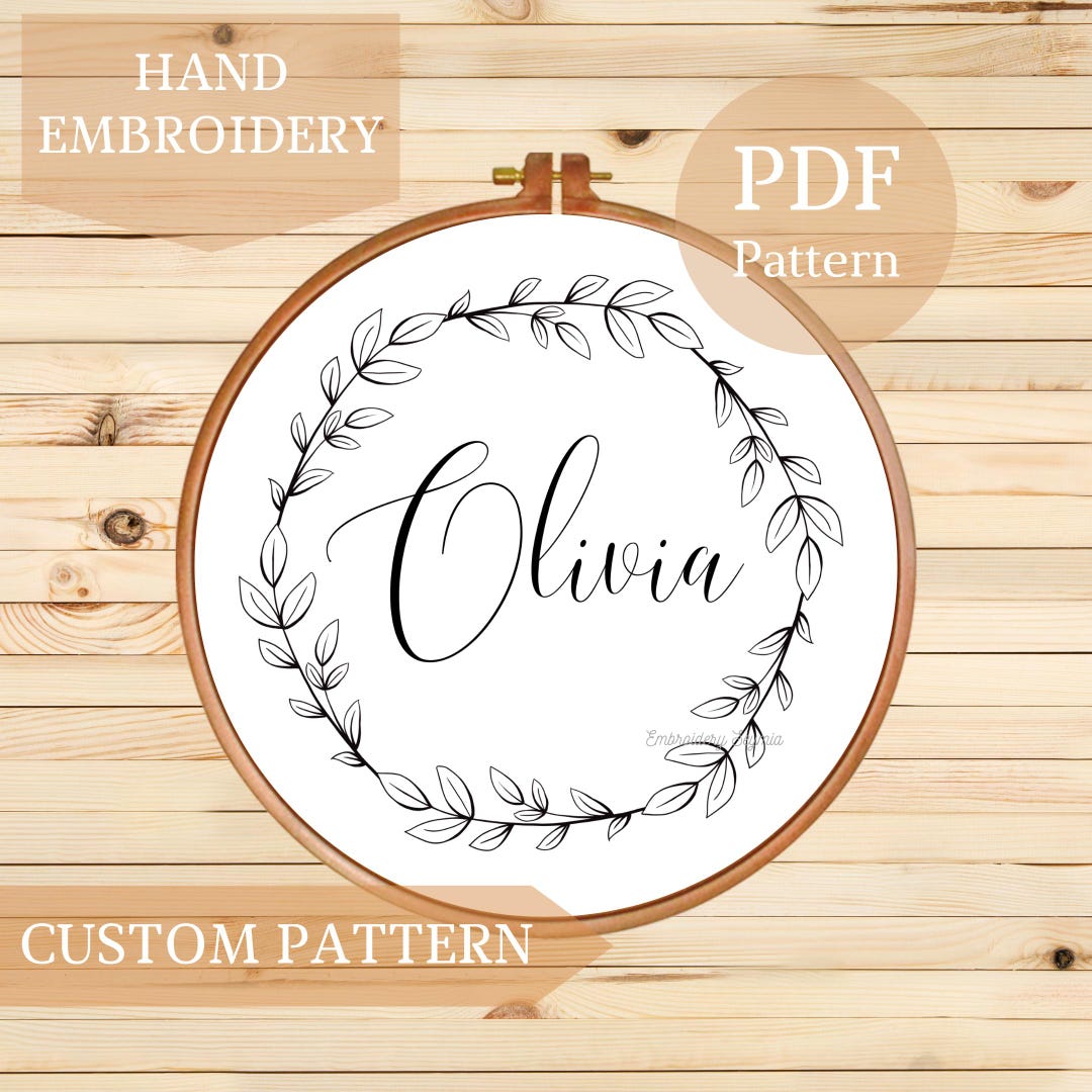 Custom Name Hand Embroidery Pattern PDF, Personalized Floral Wreath ...