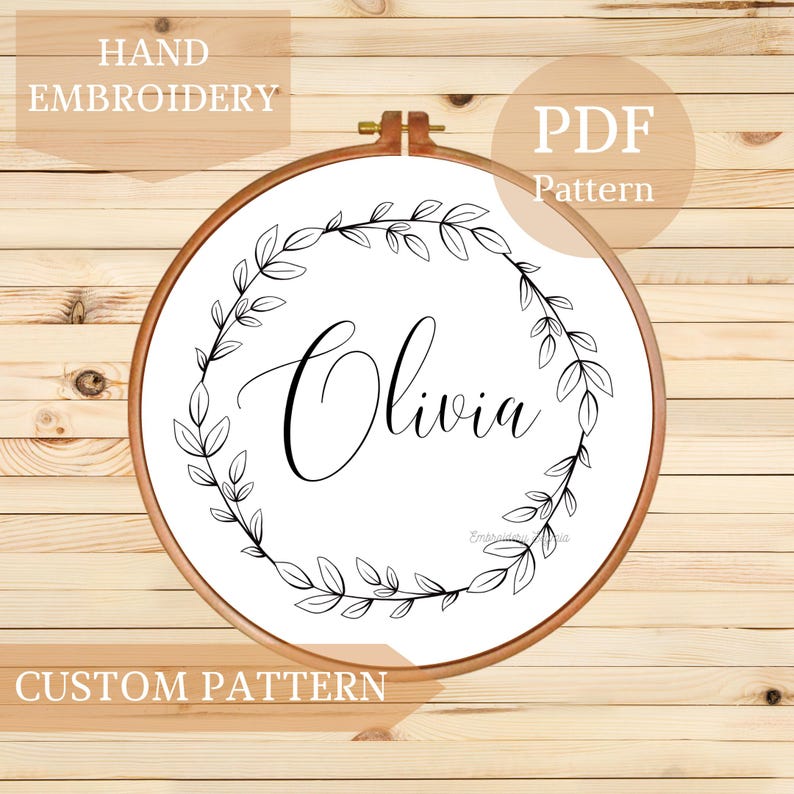 Custom Name Hand Embroidery Pattern PDF, Personalized Floral Wreath ...