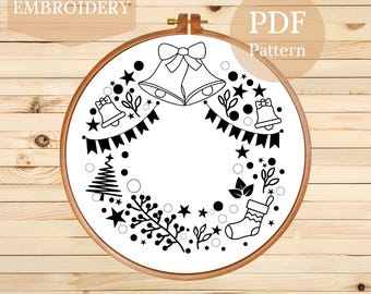 Patrón de bordado a mano de corona navideña: Arte con aro navideño (Patrón PDF)