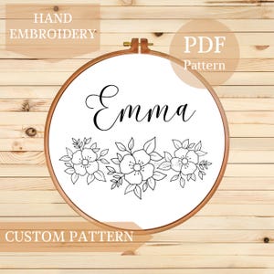 Personalized Floral Embroidery Pattern PDF - Custom Embroidery Design, DIY Hand Embroidery Template, Modern Hoop Art, Name Embroidery Design
