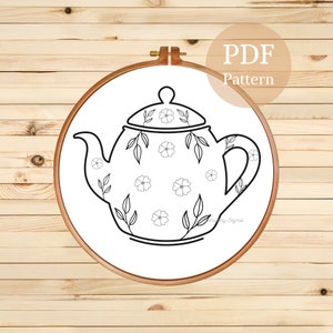 Teapot Embroidery Pattern: Tea Time Floral Design (PDF Download)