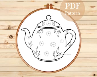 Teapot Embroidery Design, Instant Download PDF Embroidery Pattern, Hand Embroidery Template, Tea Time Embroidery Design