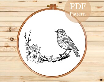 Cherry Blossom Bird Embroidery Pattern: Elegant Needlework (PDF Pattern)