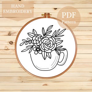 Floral Tea Cup Embroidery Pattern: Beginner DIY Stitch Design (PDF Pattern)