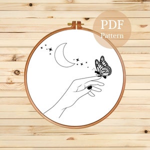 Butterfly Hand Embroidery Pattern: Moon & Stars Design (PDF Pattern)