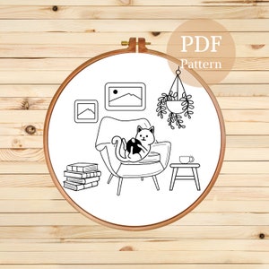 Home Cat Hand Embroidery Pattern: Modern DIY Template (PDF Pattern)