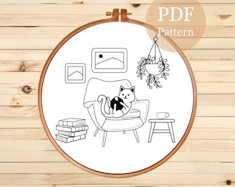 Patrón de bordado a mano de gato: Plantilla DIY moderna (Patrón PDF)