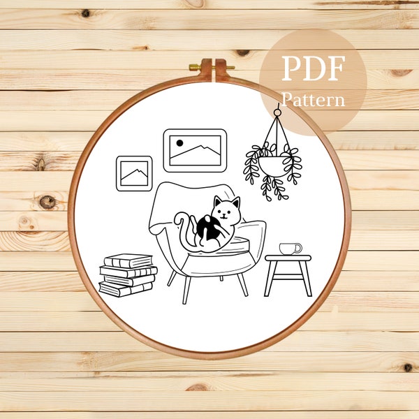 Home Cat Hand Embroidery Pattern, Embroidery Template, Modern Embroidery PDF Pattern, Instant Download Embroidery Pattern, Digital Pattern