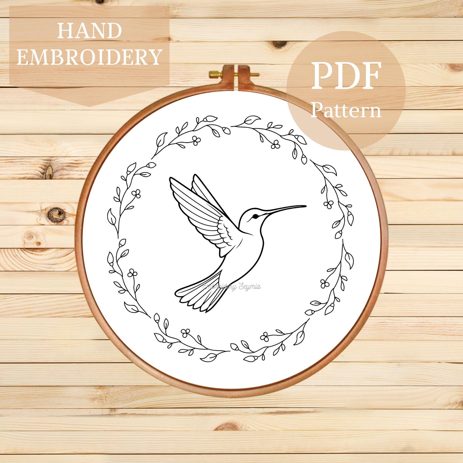 Large Hummingbird Pattern Hummingbird Hand Embroidery Pattern – Floral Wreath PDF Design for Hoop ...