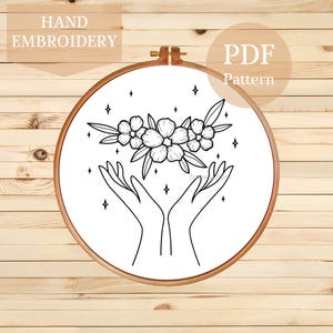 Hands with Flowers Hand Embroidery Pattern PDF – Modern Botanical Hoop Art Design, Easy Line Art Stitch for Beginners