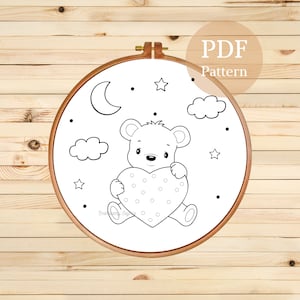 Cute Bear Embroidery PDF Pattern, Digital Nursery Decor, Embroidery Design for Kids, Hand Embroidery Template