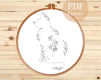 Cat Floral Embroidery Pattern: Silhouette Kitty Design (PDF Pattern)