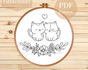 Cats Embroidery Pattern: Floral Motif, Beginner DIY Hoop Art (PDF Pattern)