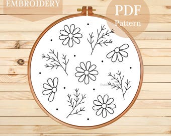 Daisy Hand Embroidery Pattern: Wildflower Line Art DIY (PDF Download, 3-8 inch Hoops)