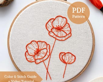 Poppy Flower Hand Embroidery Pattern | Beginner-friendly | Step-by