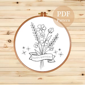 Hand Embroidered Floral Bouquet Pattern - Happy Birthday Theme - DIY Embroidery Design