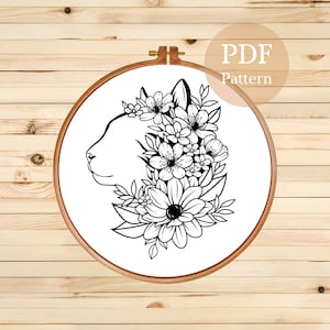 Floral Cat Embroidery Pattern: Silhouette Kitty Design (PDF Pattern)