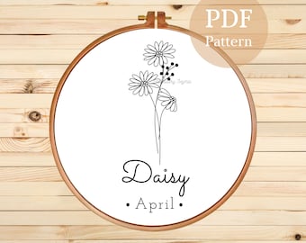 Diseño de bordado a mano de margarita: Flor de nacimiento de abril (Patrón PDF)