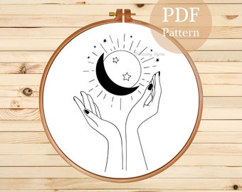 Sun and Moon Embroidery Pattern, PDF Pattern, Embroidery Template, Boho Hand Embroidery Pattern, Mystic Moon Embroidery Pattern