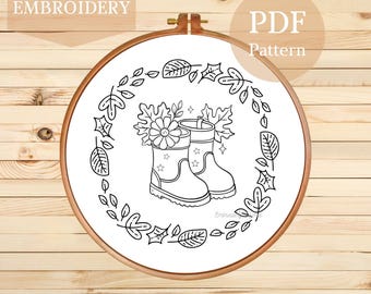 Patrón de bordado a mano de botas de otoño: Diseño floral otoñal (patrón PDF)