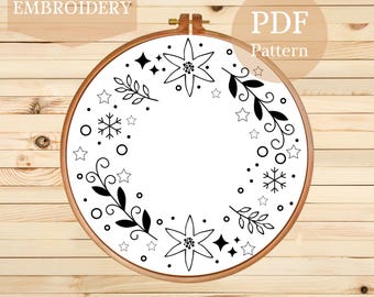 Christmas Wreath Hand Embroidery Pattern: Floral Hoop Art (PDF Pattern)