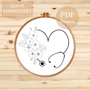 Floral Heart Stethoscope Hand Embroidery Pattern: Medical Hoop Art (PDF Pattern)
